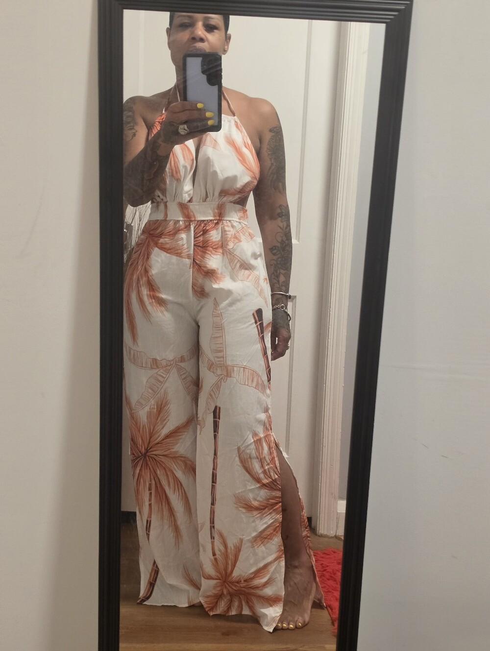 Sleeveless Halter Palm-Print Jumpsuit in White and Orange